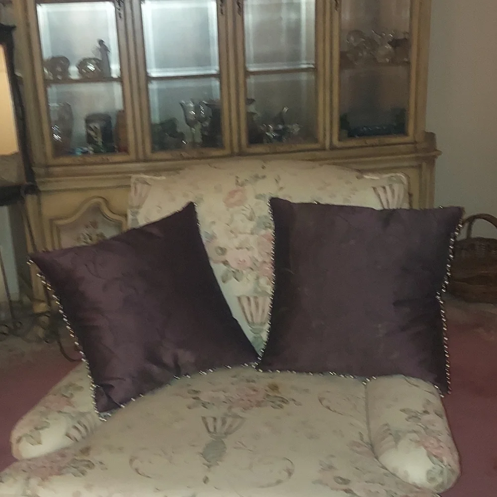 2 Pc Vintage Silk Chocolate Brown Floral Down Pearl Beaded Embellishment Pillows